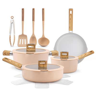 Nutrichef 14-Piece Non-Stick Ceramic Cookware Set - Induction Safe Pots And Pans With Glass Lids, Cool-Touch Handles, Even Heat Distribution, Dishwasher Safe, Includes Ladle, Tongs, Spatula