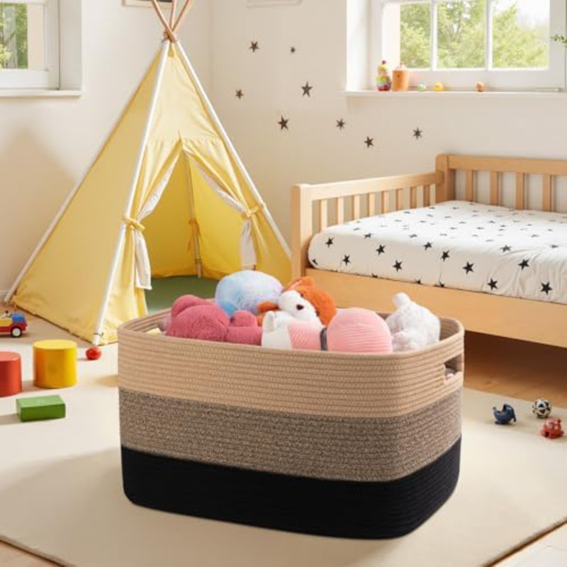 Large Blanket Basket, 22”X17”X12” Rectangle Woven Baskets, Nursery Blanket Storage Living Room, Toy Storage With Handle, Large Baskets For Organizing-Yellow Black