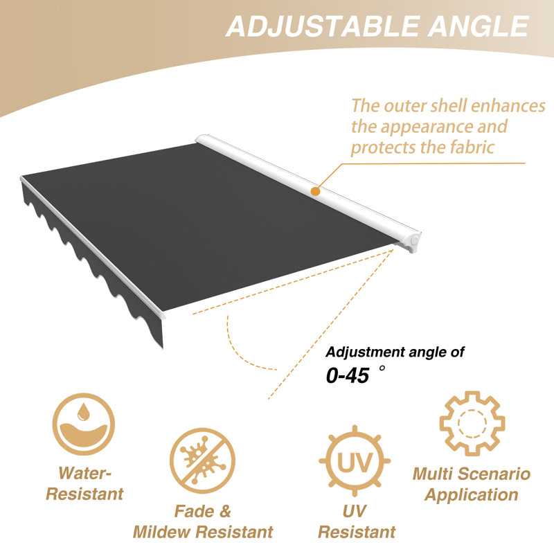 Auvent de patio rétractable manuel avec étui de protection Canopee 300g POLY, H 5,91 po x l 116,4 po x P 117,6 po, Gris