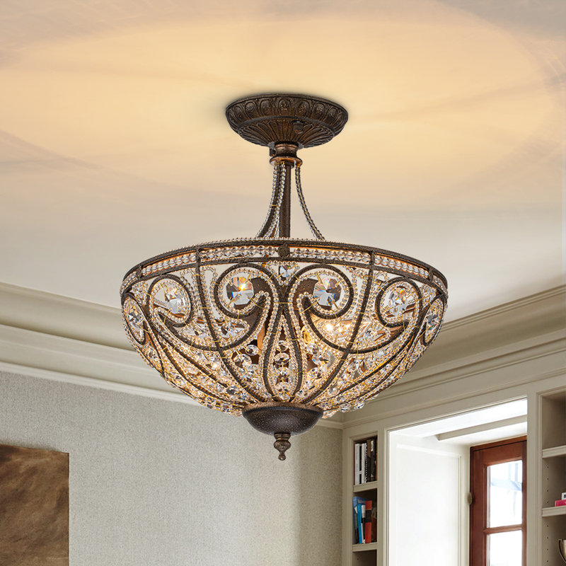 3-Light Drum Crystal Semi Flush Mount