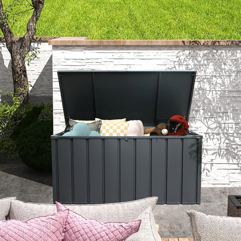 Grand coffre de rangement pour terrasse - 100 gallons, imperméable, gris foncé pour coussins, coussins, outils de jardin, verrouillable avec matériau stable de fabrication, chariot d'extérieur gris, structure robuste pour outils imperméables