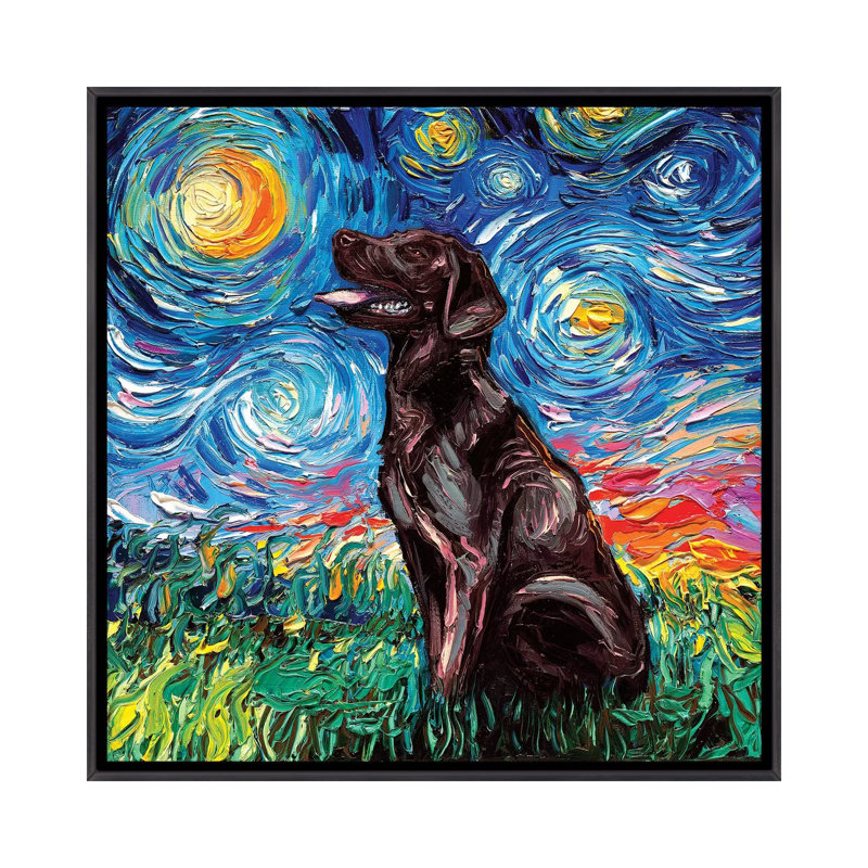 «Chocolate Labrador Night» par Aja Treves - reproduction d'art, H 37 po x l 37 po x P 1,5 po, Toile avec cadre noir patiné
