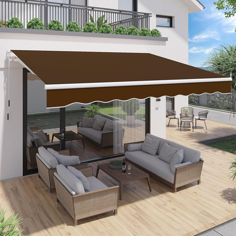 AECOJOY Manual Retraction Slope Patio Awning, 98.4" W x 78" D, Mixed Beige Green Stripes, Striped