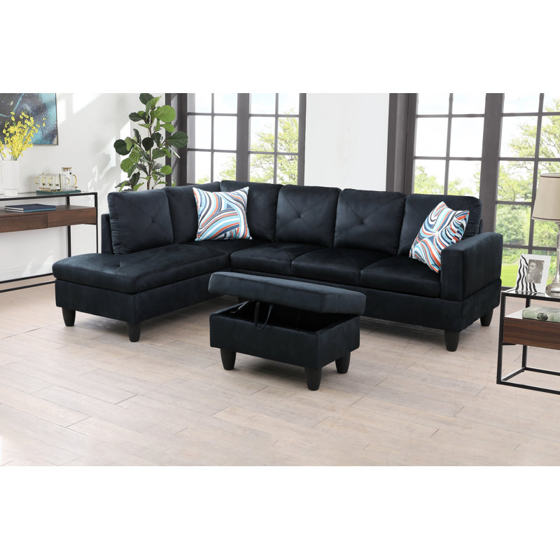 980-SCO-MICROFIBER Upholstered L-Shaped Sectional, Left Hand Facing, Black Microfiber