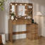 Meuble-lavabo moderne en noyer de 39 po avec miroir à 3 lumières DEL réglables et station de charge multi-ports, 5 tiroirs et tablettes de rangement ouvertes-131076654