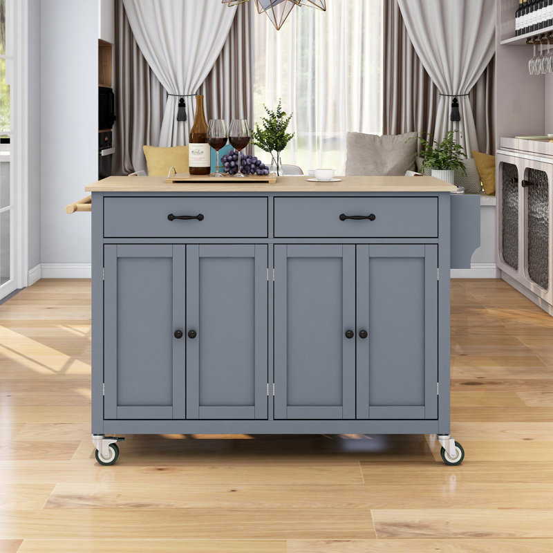 Kitchen Island Cart with Solid Wood Top and Locking Wheels,54.3 Inch Width,4 Door Cabinet and Two Drawers,Spice Rack, Towel Rack