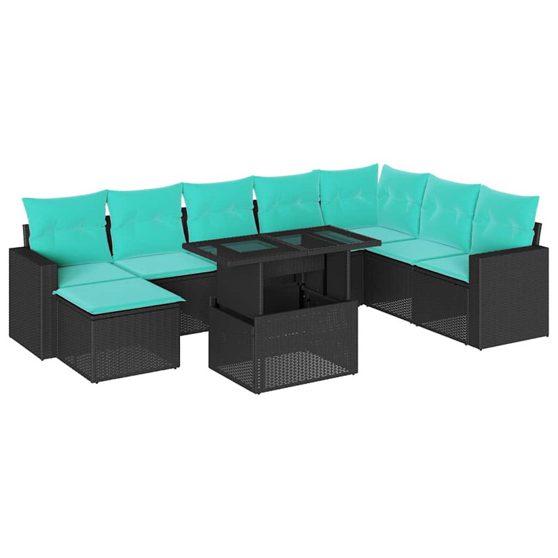 Ensemble de canapé de patio 9 pièces avec coussins en rotin de polyester, Bleu clair, Noir