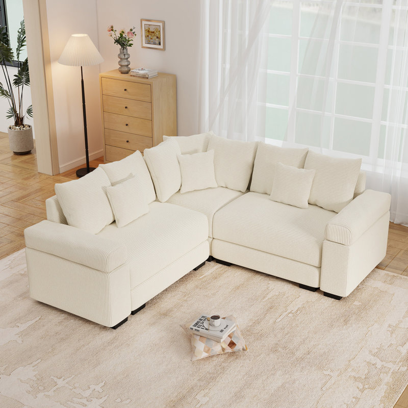 79" L-Shaped Corduroy Upholstered Sectional, Beige Corduroy