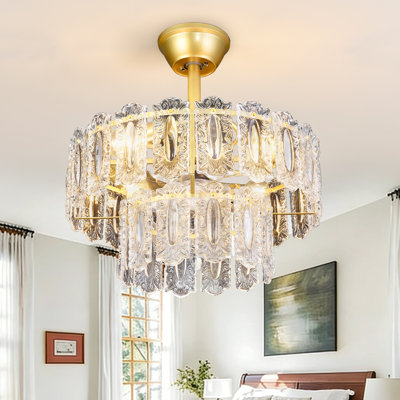 20 inch Modern Ceiling Fan with Lights,Gold Flush Mounted Ceiling Light Fixture with Glass Shade Remote Control for Bedroom Living Room,4*E26 Bulb excl.