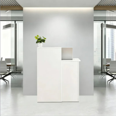 Modern White Reception Desk with Lockable Drawers, Cable Management Hole, and Raised Signing Counter for Corporate, Retail, Hotel, or Catering Front Desk Use