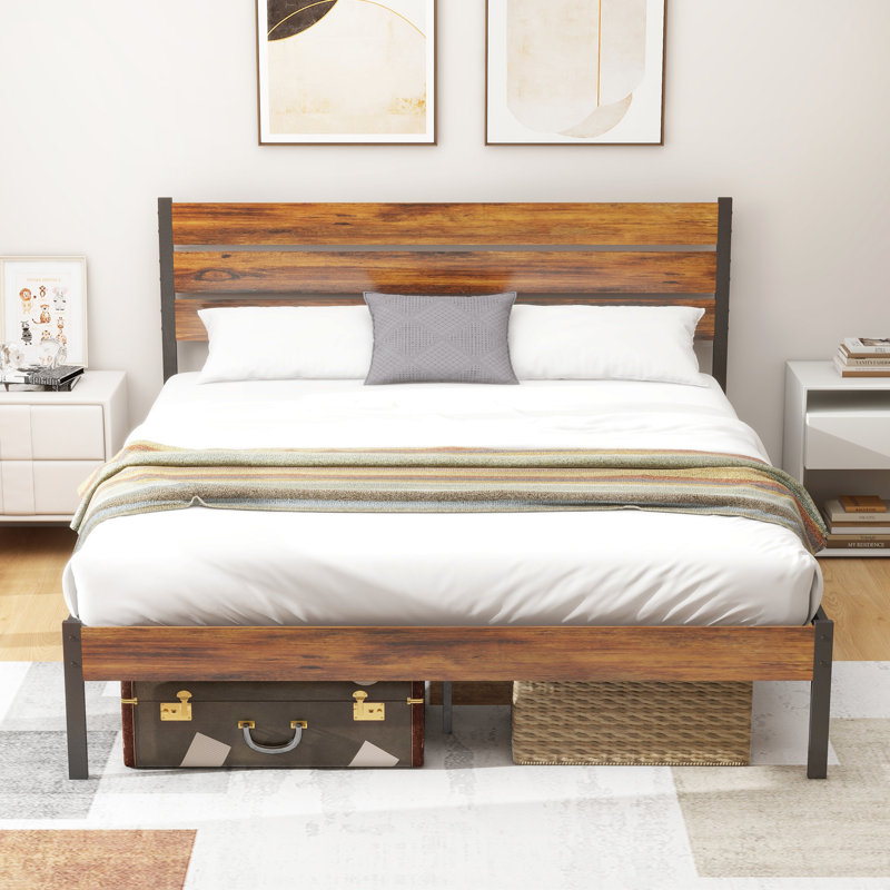 Base de lit plateforme avec tête et pied de lit en bois sans sommier, Lit double