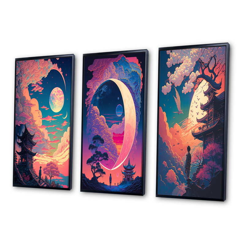 «Magic Mythical Visions Of Antique Legends I», 3 pièces, Cadre flottant noir, H 36 po x l 20 po