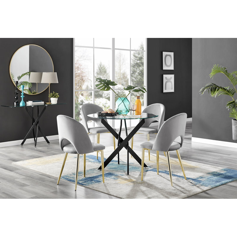 Bernell Modern Glass & Metal Round Dining Table Set & 4 Luxury Velvet Dining Chairs, Grey/Gold