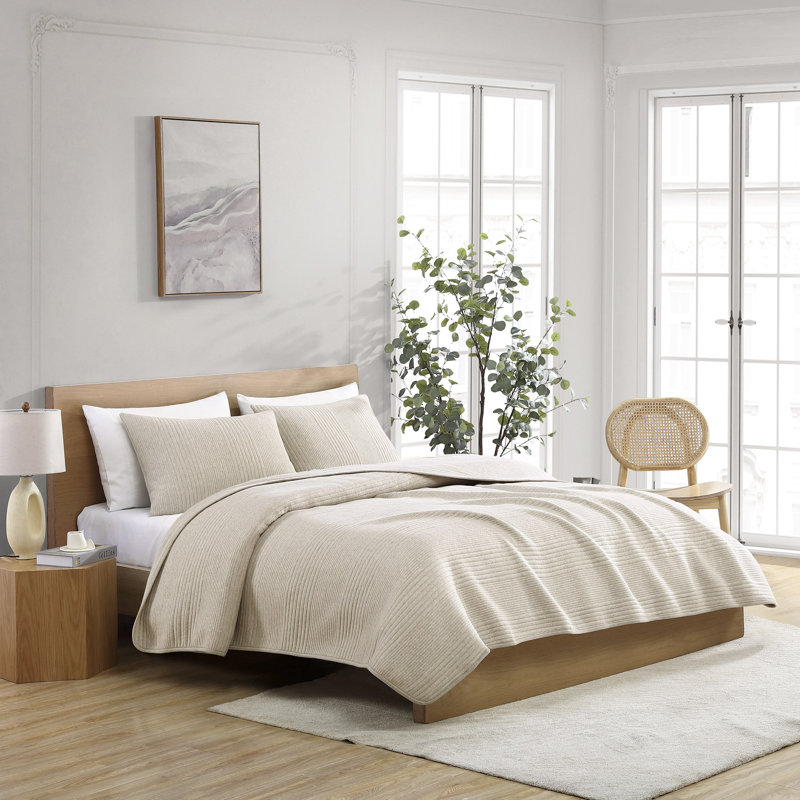 Gizella Standard Cotton Blend Reversible Quilt Set, Oatmeal, King Quilt + 2 King Shams