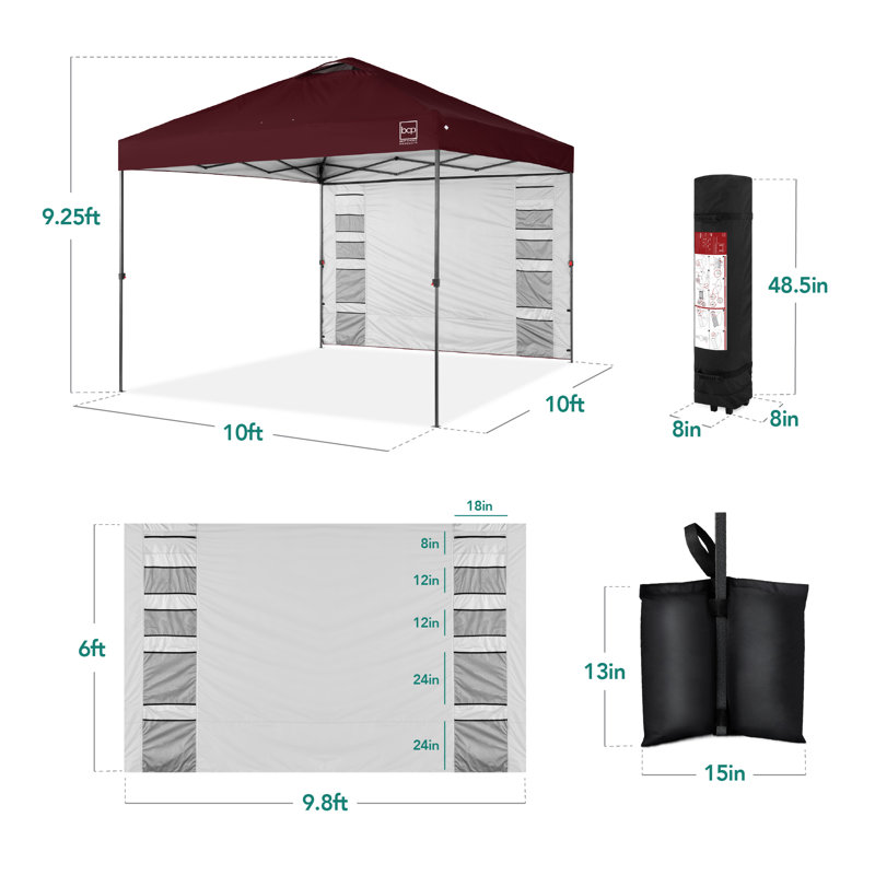 10X10ft Easy Setup Pop Up Canopy, Portable Tent W/ Side Wall, 1-Button Push, Case, Burgundy