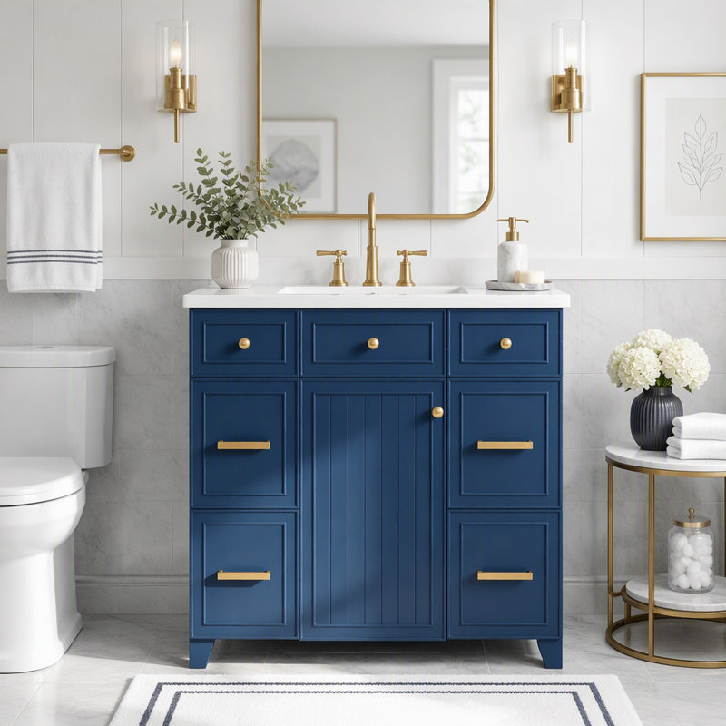 Meuble-lavabo double de 91 cm avec lavabo, armoire de rangement autoportante avec portes et tiroirs, Bleu