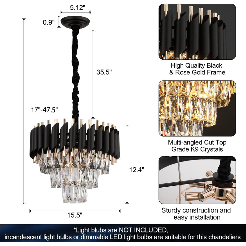Luminaire suspendu moderne à 3 niveaux avec lustre en cristal moderne 16 pouces