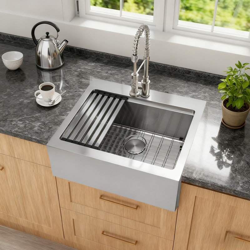  26" L x 22" W Workstation Farmhouse Apron Front Kitchen Sink 16 Gauge Stainless Steel Single Bowl With Accessories