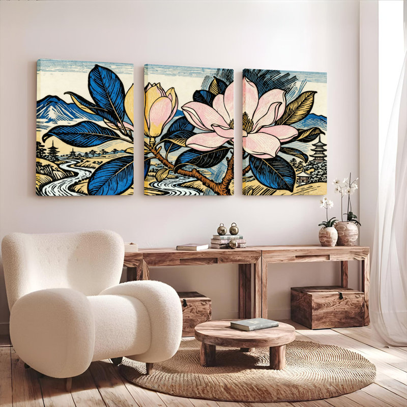 Ensemble de 3 tableaux muraux sur toile tendue représentant un paysage floral de magnolia, H 18 po x l 36 po