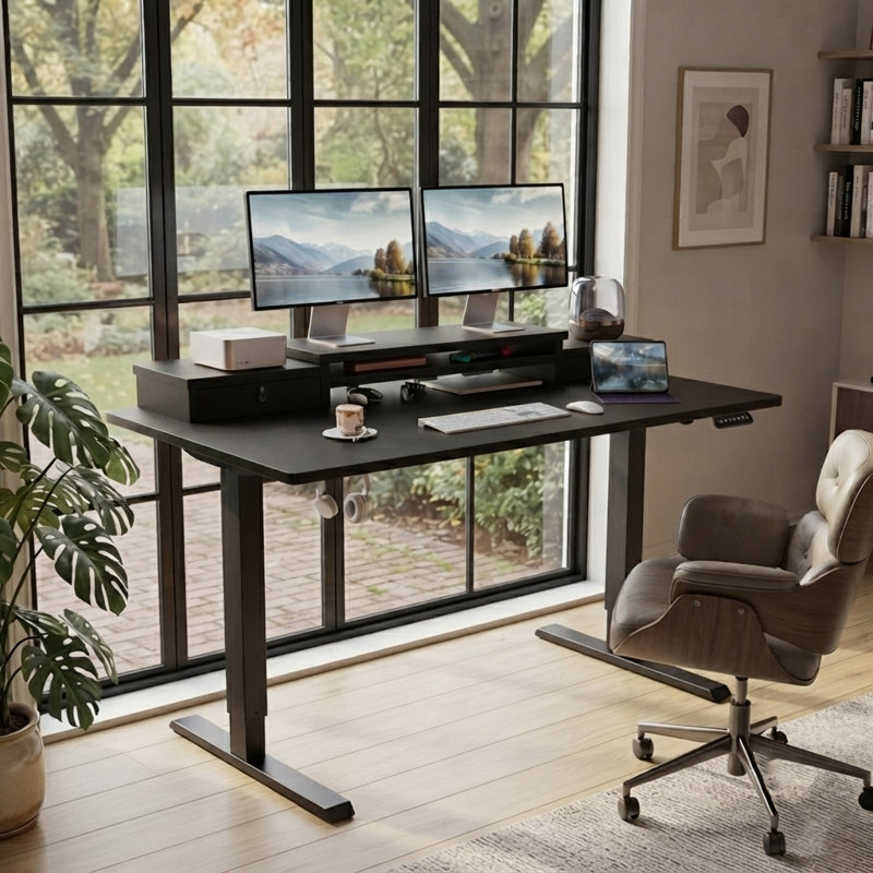 Bureau debout électrique réglable de 55 po avec tablette pour écran à deux niveaux, 4 préréglages de mémoire et 2 tiroirs - noir