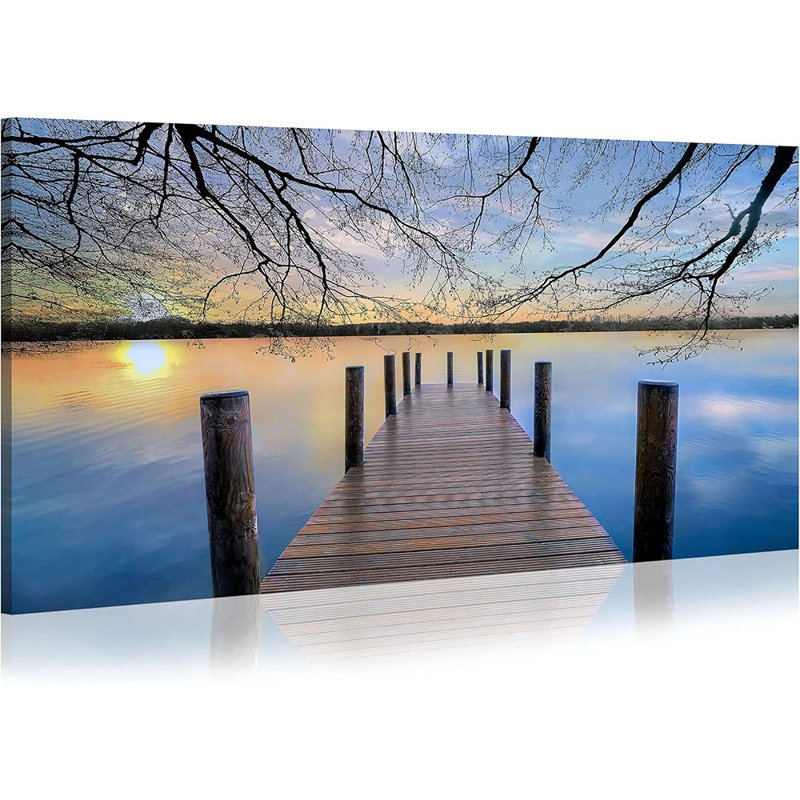 Tableau sur toile « Jetée du lac au coucher du soleil » – Paysage paisible de quai – Impression nature