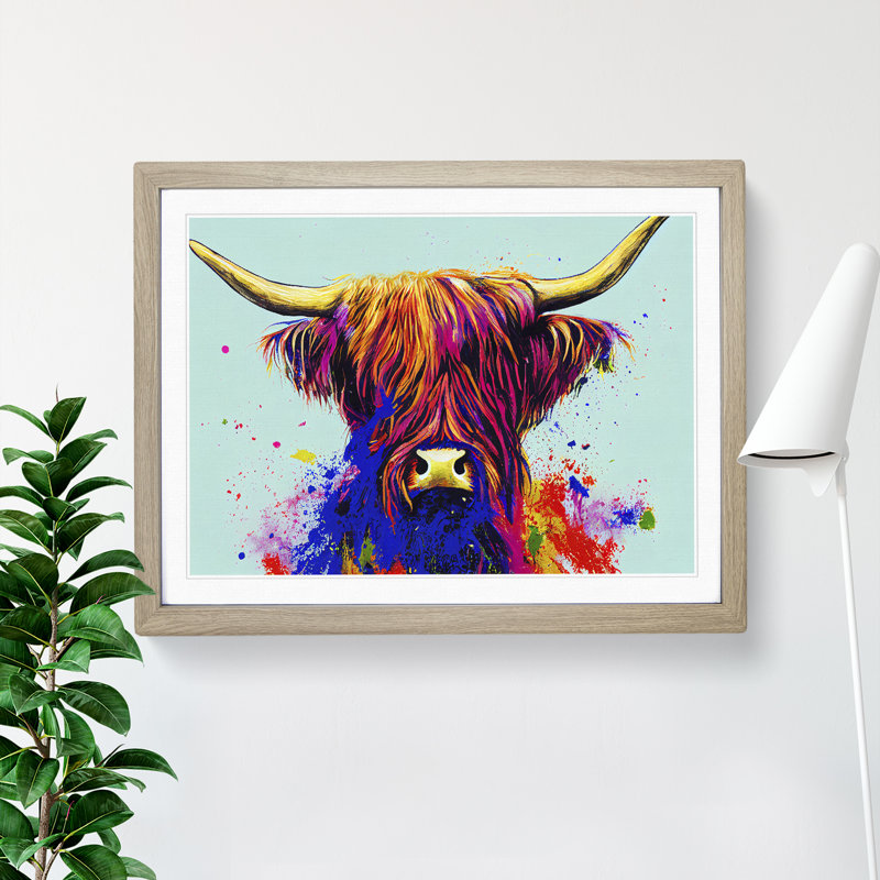Highland Cow Splash Vol.3 Abstract - Single Picture Frame Painting, 34cm H x 46cm W x 2cm D, Oak