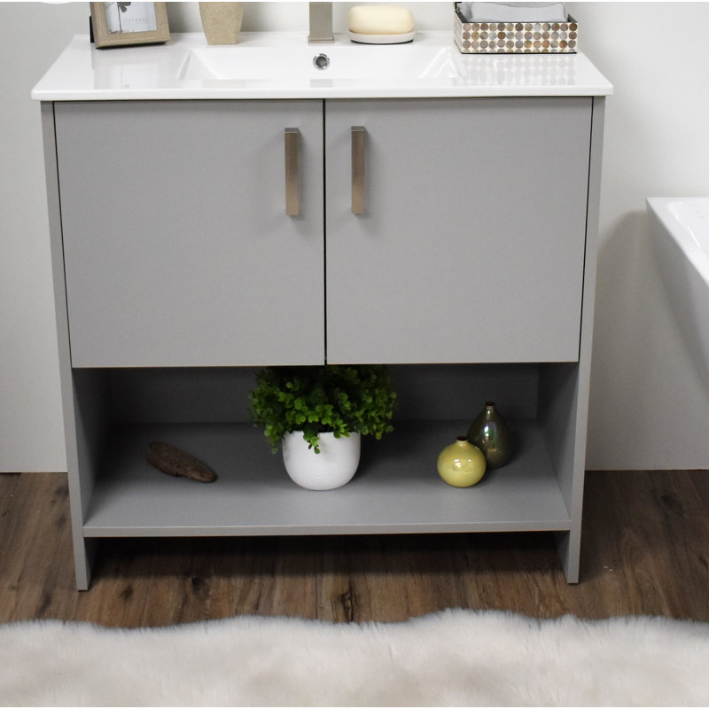 Nhyira 36 " W Freestanding Standard Free Standing Single Double Single Vanity Bathroom Vanity With Ceramic Top, Gray