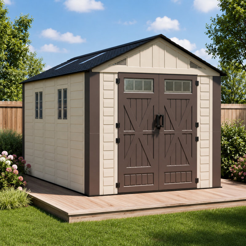 Abri de jardin de 2,4 x 3,7 m avec plancher et porte double verrouillable, 8' W x 12' D