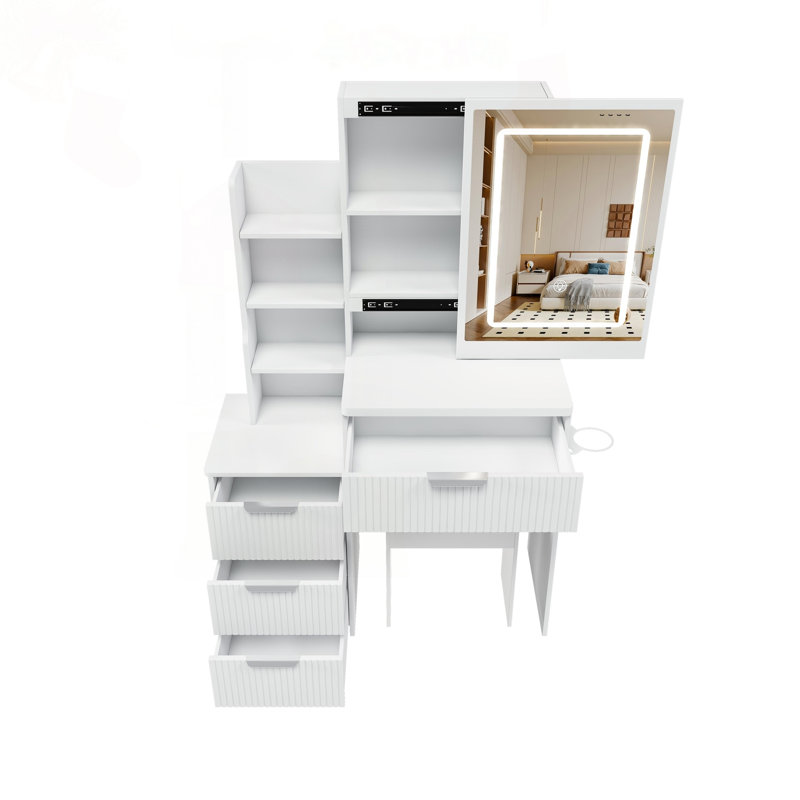 Bureau de coiffeuse moderne avec éclairage à DEL réglable, rangement et fauteuil, Blanc