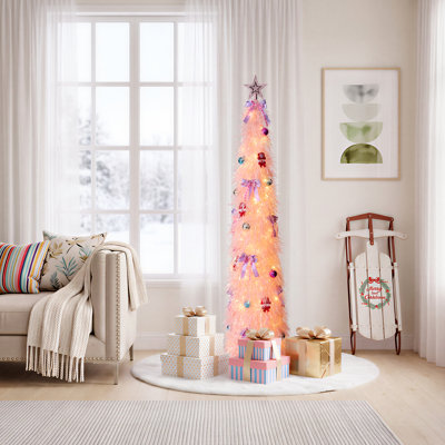 Sapin de Noël artificiel de 1,80 m, préilluminé avec des lumières DEL blanc chaud - Sapin festif moderne et mince pour appartement, bureau et décoration de fête (rose / vert fluo)