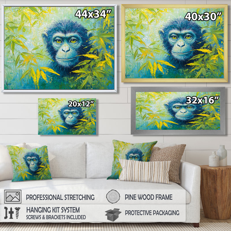 «Playful Monkey Primer In The Jungle I», art mural singe, Floater Framed Print without Mat, 16" H x 32" W, White