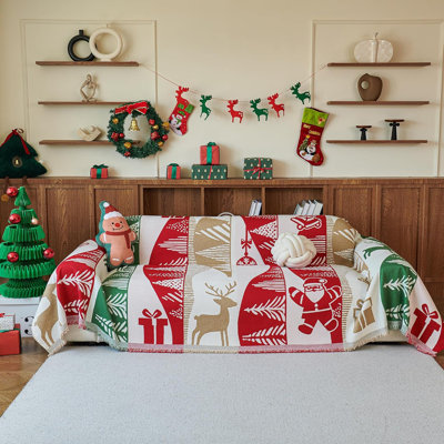 71"X118" Red Chenille Loveseat Christmas Couch Cover with Gift Design, Washable Sectional Sofa Slipcover for 2 Cushion L-Shape Furniture Protector