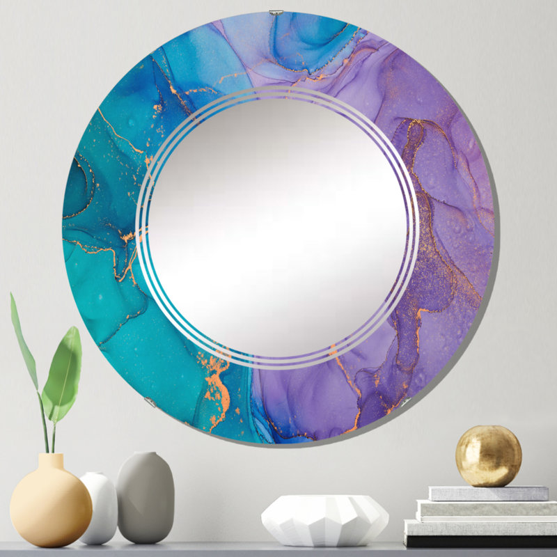 Turquoise et mauve liquide Art II - Miroir mural moderne rond, 24 po x 24 po