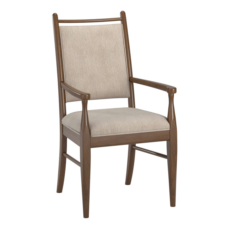 Cipolla Wood Finish Beige Fabric Arm Chair, Brown Wood