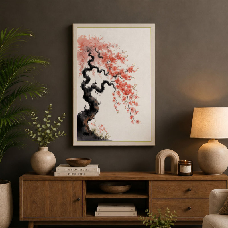 Blossom Tree Japandi - Wrapped Canvas, 18x12 - 45.7 x 30.5 cm, Black Border