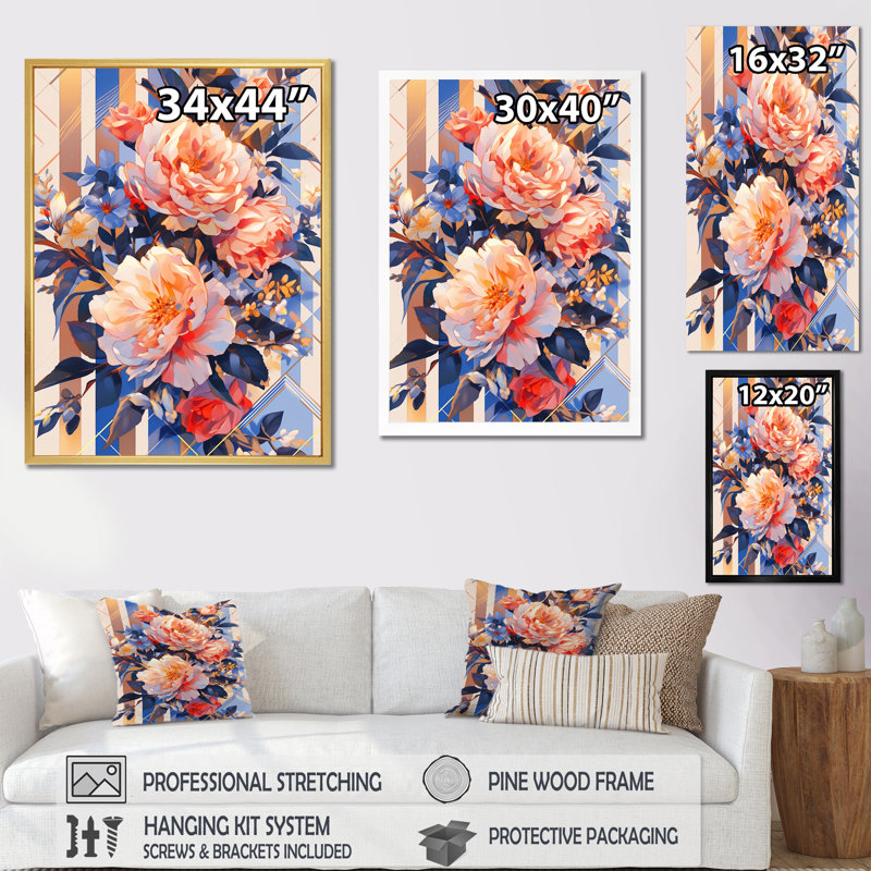 Corail sérénade de pivoines sur toile, Cadre photo argenté, H 20 po x l 12 po x P 1 po