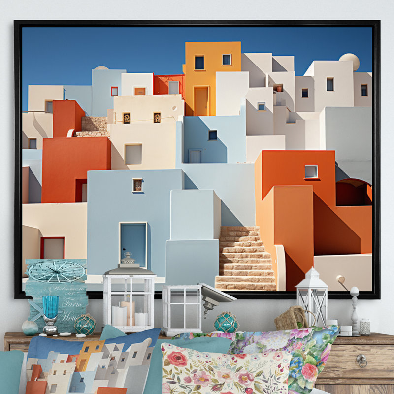 Paysage avec géométrie colorée, bâtiment II, reproduction d'art sur toile, Cadre flottant noir, H 30 po x l 40 po x P 1,5 po