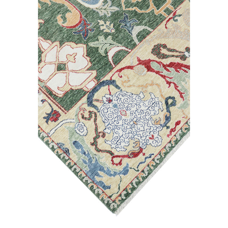 High-Quality Hand-Knotted Green And Gold Area Rug, Rectangle 9' x 12'