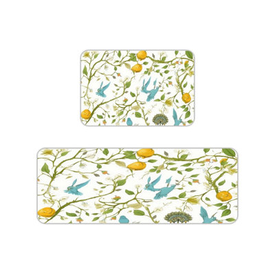 Bird & Lemon Tree Print Kitchen Mats for Kitchen & Rustic Decor,White Set of 2