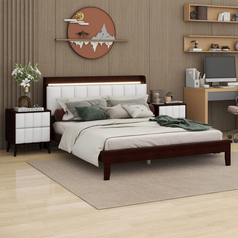 Ensemble de chambre avec lit plateforme 3 pièces Keonnie, Noyer / beige