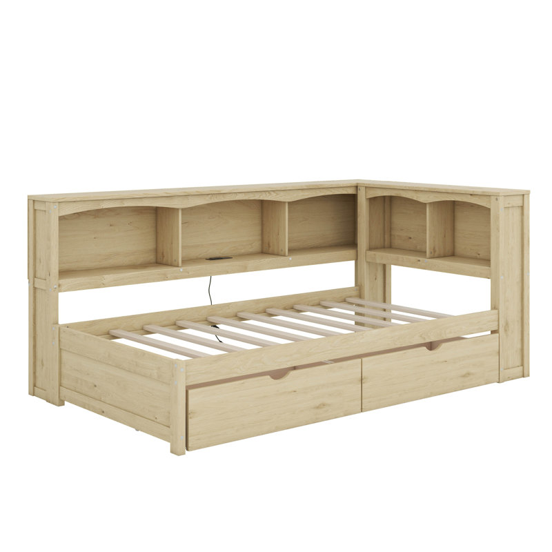 Lit de jour simple avec tiroirs, armoires et ports USB, Bois