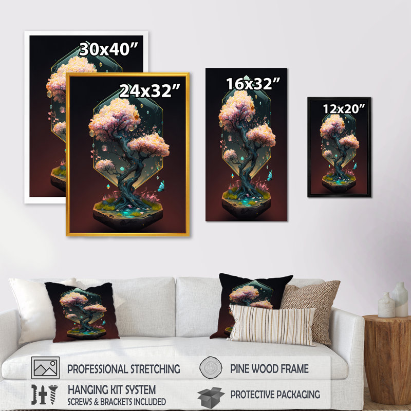 " Hexagon Bonsai Tree I ", Black Picture Framed Canvas, 12" W x 20" H