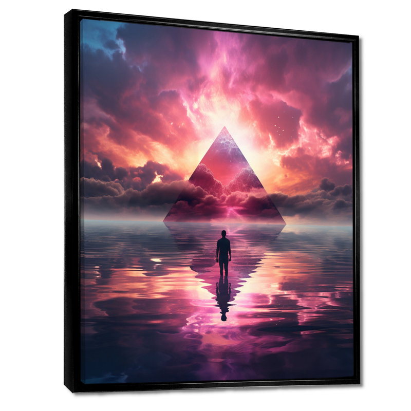 Pyramide gardienne du mystère - art abstrait paysage mural, Cadre flottant noir, H 44 po x l 34 po x P 1,5 po