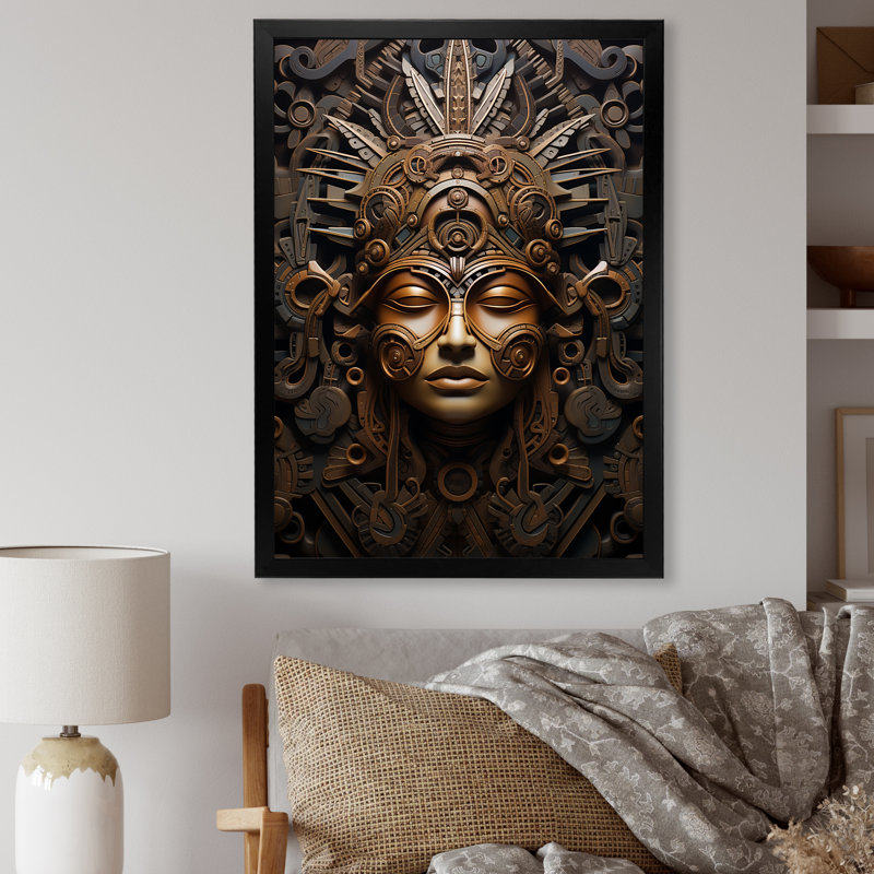 Masque aztèque antique sur toile, Cadre simple noir, H 44 po x l 34 po x P 1,5 po