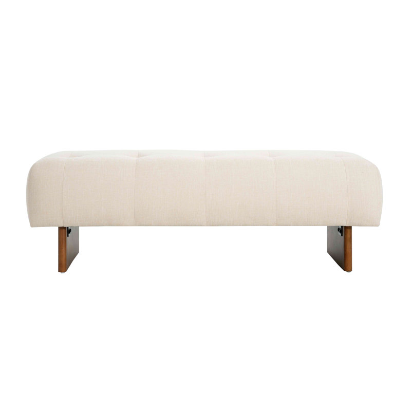  Rectangular Upholstered Ottoman Bench with Tufted Linen Fabric and Solid Wood Legs, Beige