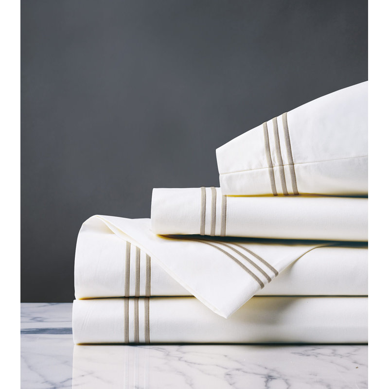Tessa 100% Cotton Percale Sheet Set, White/Sable, Full Sheet Set + 2 Pillowcases