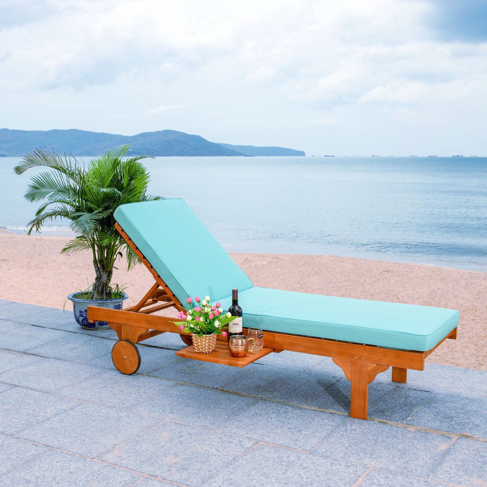 Jivera 28" Eucalyptus Patio Chaise Lounge, Natural, Aqua