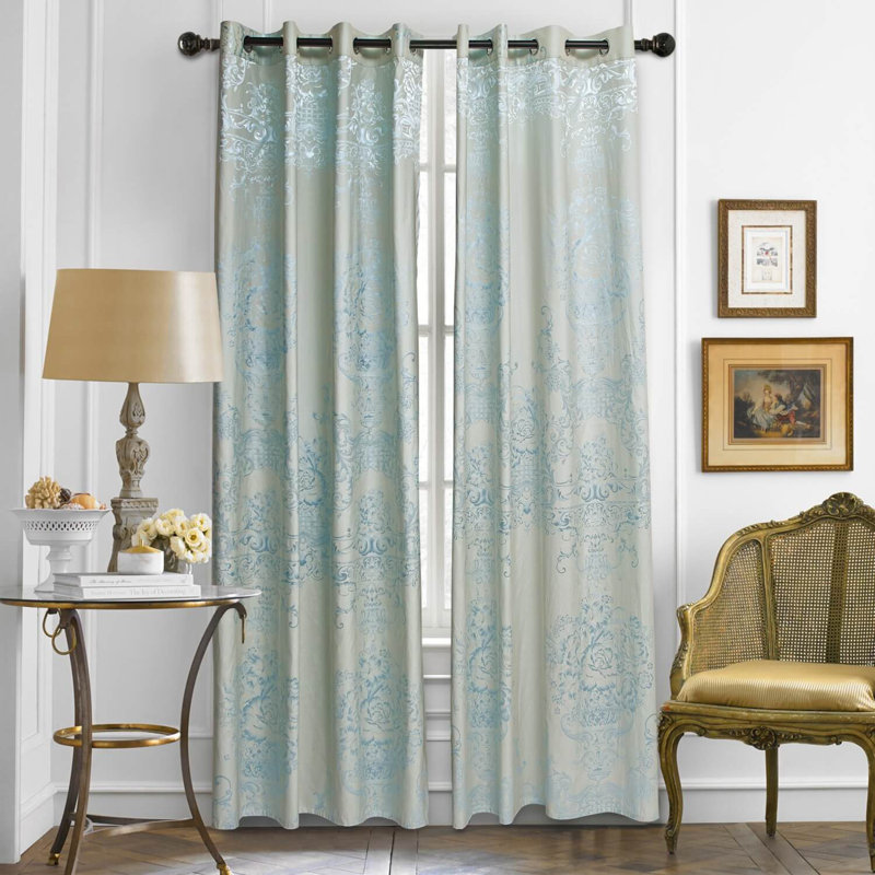 Dolce-Mela Cotton Blend Blackout Curtains / Drapes Single Panel, Light Gray/Light Sky Blue