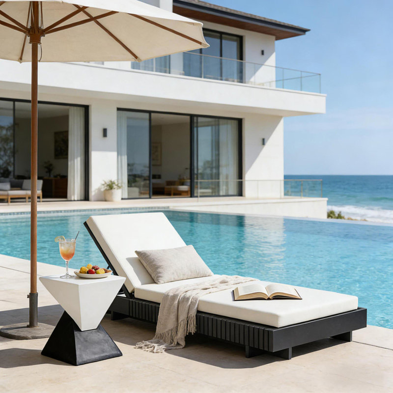 1PC Outdoor Chaise Lounge With Water-Repellent Cushion, Modern Patio Sun Lounger, White