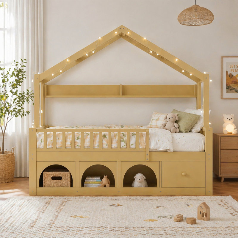 Cadre de lit simple pour enfants, style plancher de lit Montessori avec toit, avec lumière DEL, Lit simple, Naturel